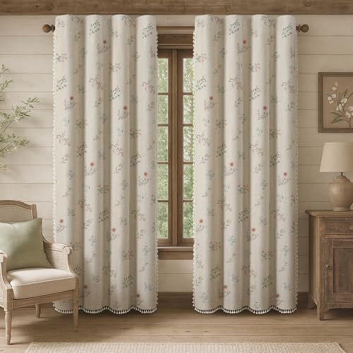 Boho Floral 100% Blackout Curtains 90 Inch 2 Panels Linen Texture - color: Blackout Vintage Florals, size: 52"W x 90"L (Pack of 2)