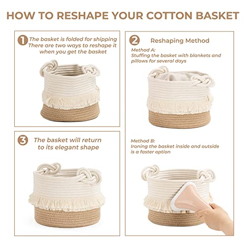 CherryNow Small Woven Rope Baby Basket with Tassel, 9.5" x 7", Jute - color: White & Camel, size: 10L (9.5"W x 7"H)
