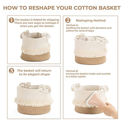 CherryNow Small Woven Rope Baby Basket with Tassel, 9.5" x 7", Jute - color: White & Camel, size: 10L (9.5"W x 7"H)
