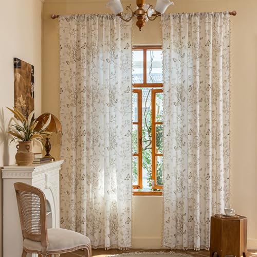 ENJOYBRIDAL Floral Curtains 63 Inch Length Boho Semi Sheer Drapes 2 Panels Bedroom Living Room Short Window Curtain Panels Farmhouse Rod Pocket French Country Vintage Cute Window Treatments - color: Floral11, size: 52"W x 63"L (Pack of 2)