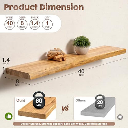 fuqing Live Edge Floating Shelves for Wall, 40 Inch Solid Elm Wood Shelves - color: Natural Elm Live Edge - 8"d, size: 40"L - 1Pack