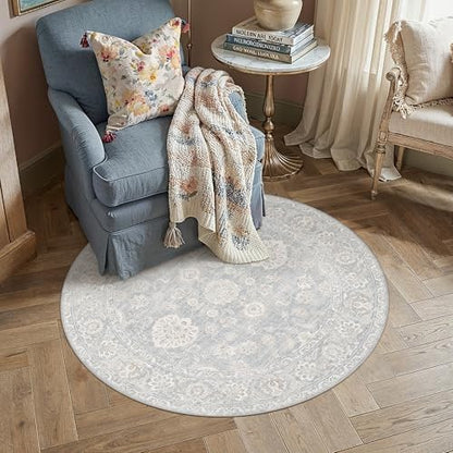 3x3 Blue Cream Neutral Round Rug - color: Blue, size: 3' (Round)