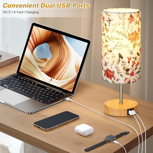 CINSARY Bedside Touch Lamp with Flower Fabric Shade, 3 Way Dimmable Wood Bedroom Lamp for Nightstand with 2 USB Charging Ports, Small Table Lamp for Living Room Reading Desk (LED Bulb Included) - color: Flower1-15" H