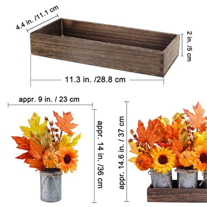 Winlyn Set of 3 Small Potted Maple Arrangement Artificial Maple Leaf Branches Faux Fall Picks and Sprays in Rustic Galvanized Metal Pots with Decorative Wood Tray