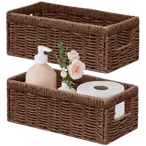 Vagusicc Wicker Storage Basket, Set of 2 Hand Woven Wicker Baskets for Organizing with Handles, Decorative Small Storage Bins for Countertop Toilet Paper Basket for Toilet Tank Top, Shelves, Brown - color: Brown, size: Small