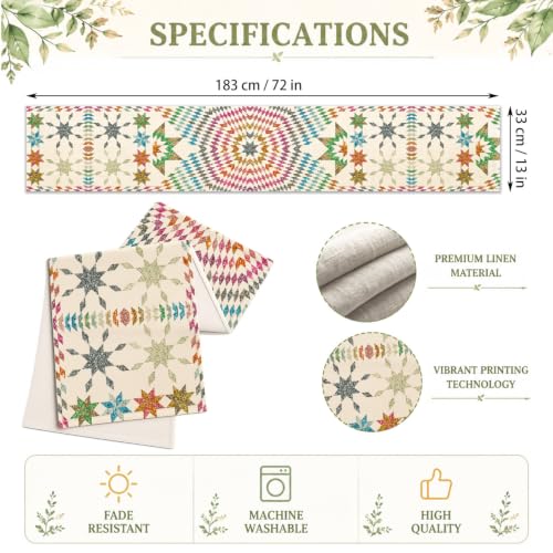 Boho Mandala Table Runner, Retro Colorful Geometric Star Linen Runner 72" - color: Multi Color