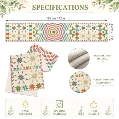 Boho Mandala Table Runner, Retro Colorful Geometric Star Linen Runner 72" - color: Multi Color