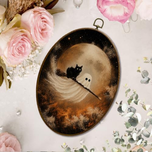 JQF Halloween Ghost Black Cat Oval Wall Decor Framed 8.5x11.5 Inch - color: ghost-4
