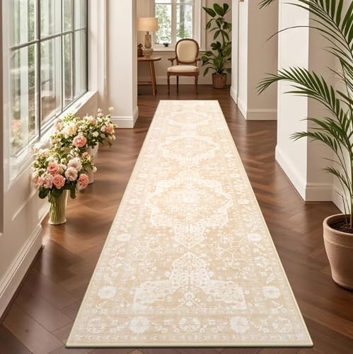 nesrt Boho Washable 2x10 Hallway Runner Rugs, Long Kitchen Rug Non Slip, Farmhouse Faux Wool Thin Printed Entrance Floor Carpet Runners for Entryway Doorway Hall Living Room Bedroom (Cream) - color: Cream, size: 2' x 10' (Rectangular)
