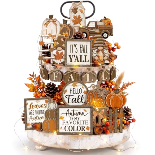 Shellwei 20 Pcs Fall Tiered Tray Decor Set, Thanksgiving Wooden Table Sign - style: Pumpkin