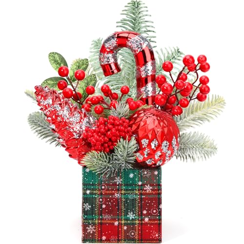 Small Christmas Tree Tabletop Artificial Mini Christmas Tree Decorations with Holiday Ornaments Red Berry Pine Cone Greenery for Home Indoor Fireplace Mantel Xmas Decor (Large-Square-Red) - color: Large-square-red
