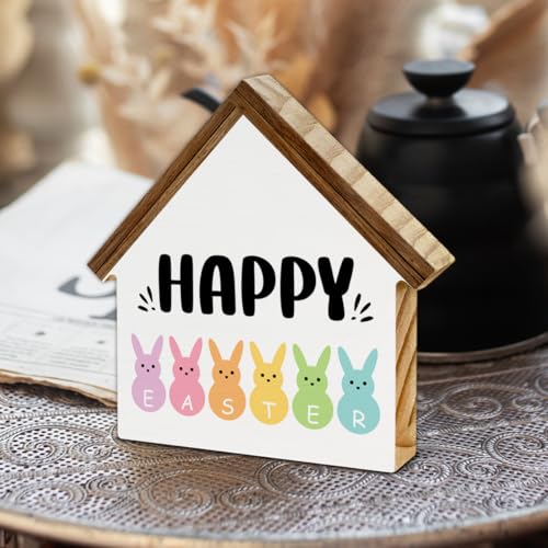 Easter Decor, Happy Easter House Shaped Wood Block Sign - color: HAPPY