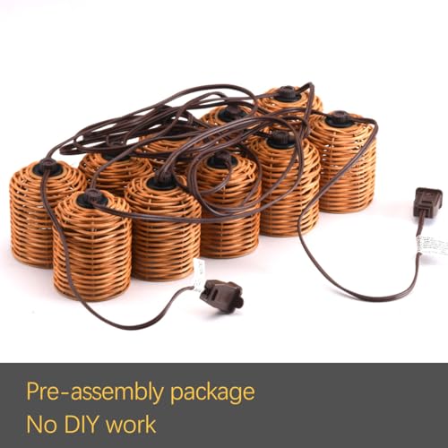 Natural Rattan String Lights, 10 Rustic Raffia Cage, 13 Ft Plug in & Connectable Wicker Lights,Natural Color Rattan - color: Natural Rattam
