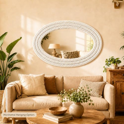 26"x39" Oval Wall Mirror, Handwoven Corn Husk, Whitewashed