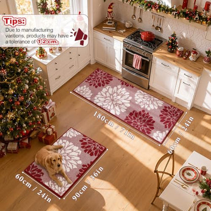 Findosom Christmas Kitchen Rugs Sets of 2, Floral Washable Kitchen Runner - color: Red, size: 24" x 36" + 24" x 60"