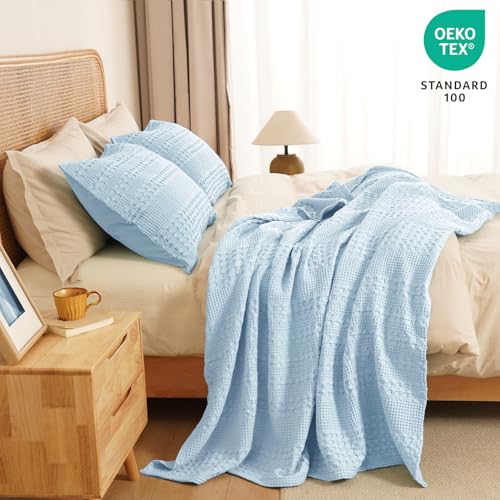 PHF Lightweight 100% Cotton Waffle Throw Blanket for Couch, Baby Blue - color: 23 Baby Blue, size: Throw(50"x60")