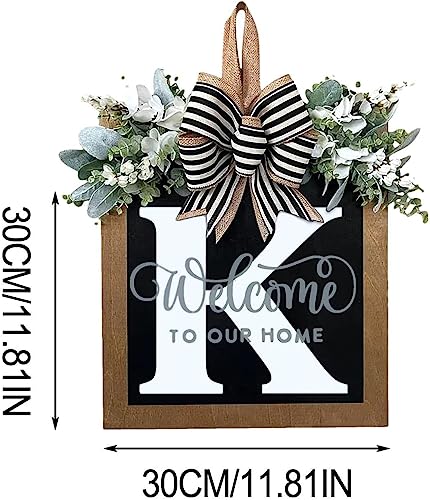 Last Name All Year Round Front Door Wreath with 26 Initial Letter Welcome Sign All Seasons Eucalyptus Garland and Bow ，Farmhouse, Porch, for Spring Summer Fall All Seasons Holiday Halloween Christmas.（K） - color: K