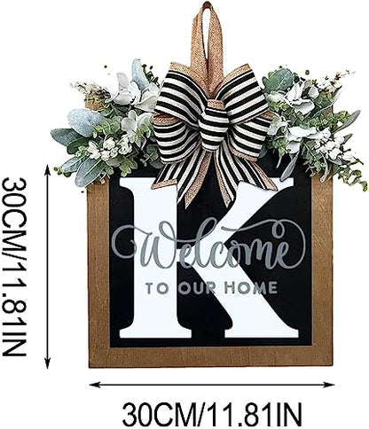 Last Name All Year Round Front Door Wreath with 26 Initial Letter Welcome Sign All Seasons Eucalyptus Garland and Bow ，Farmhouse, Porch, for Spring Summer Fall All Seasons Holiday Halloween Christmas.（K） - color: K