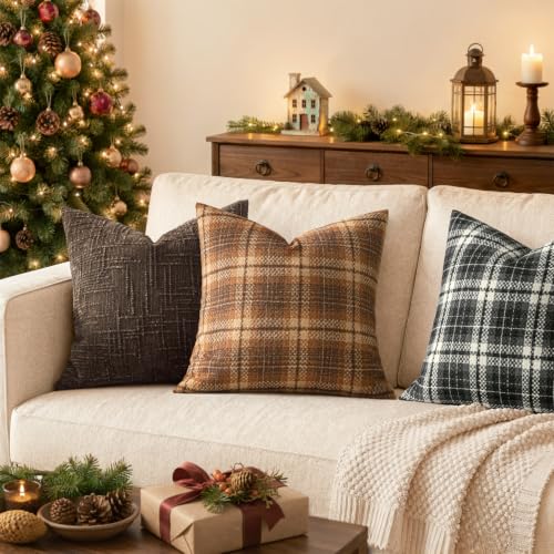 MIULEE Tartan Plaid Throw Pillow Covers Fall 18x18 Inch Brown - color: Brown, size: 18" x 18" (Pack of 2)