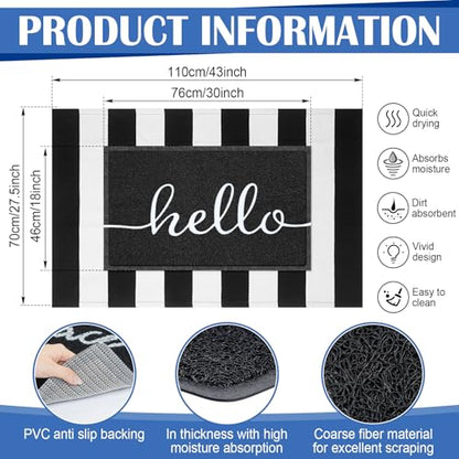 Geelin 2 Pcs Layered Hello Doormat, Black and Whitestriped Rug Set - style: Stripe Hello