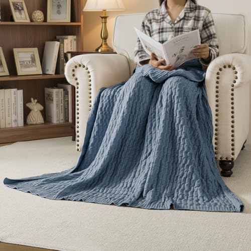 WDCOZY Cable Knit Throw Blanket – Super Soft, Warm & Lightweight Knitted Jacquard Throw Blanket for Couch, Sofa, Bed, Chair, Cozy Texture Farmhouse Decorative Home Blanket, Blue 50x60 inches - color: Blue, size: Throw (50" x 60")
