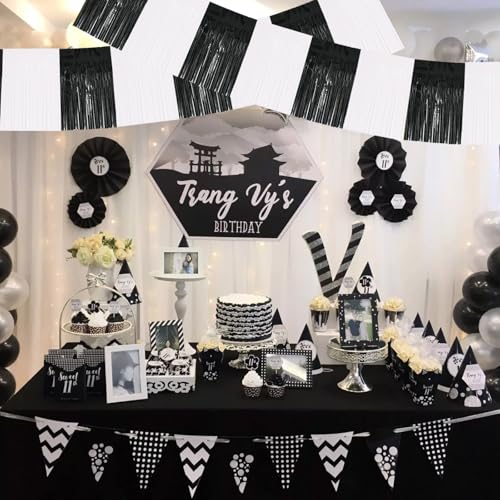 BEISHIDA Black White Fringe Garland Banner 30ft Wall Tinsel Foil Streamers - color: Black White