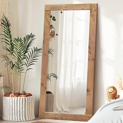 71x32in Full Length Mirror, Solid Wood Convex Frame, Light Brown - color: Light Brown-convex Frame, size: 71"L x 32"W