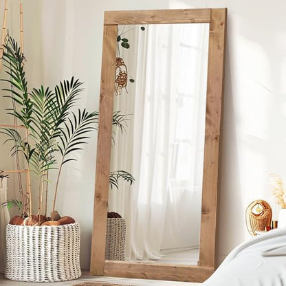 71x32in Full Length Mirror, Solid Wood Convex Frame, Light Brown - color: Light Brown-convex Frame, size: 71"L x 32"W