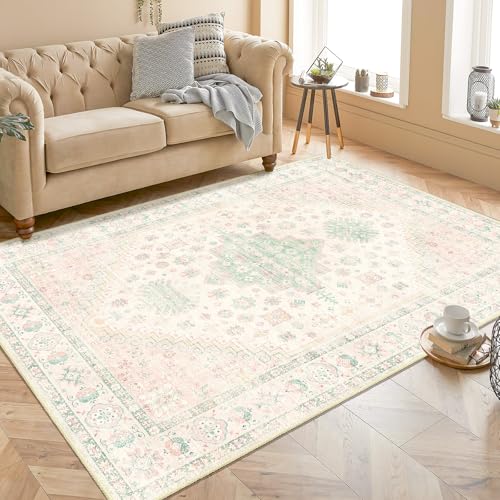 MUJOO Washable Rug 4x6.5 Boho Area Rugs Low Pile Non Slip Pink and Green - color: Pink and Green, size: 4' x 6'5" (Rectangular)