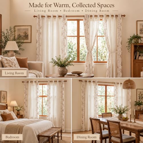 Beige linen blend brown embroidery FloralGrommet Curtains, 55”*83“ 2 Panels - color: Brown, size: 55"W x 83"L (Pack of 2)