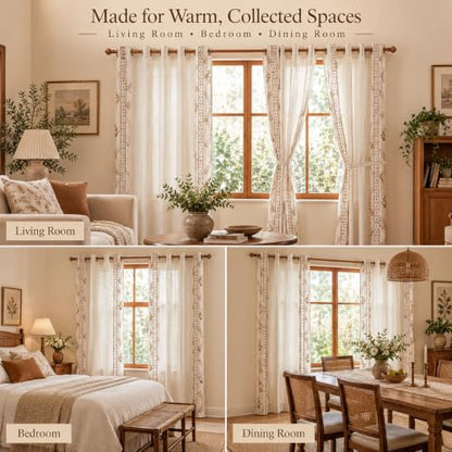 Beige linen blend brown embroidery FloralGrommet Curtains, 55”*83“ 2 Panels - color: Brown, size: 55"W x 83"L (Pack of 2)