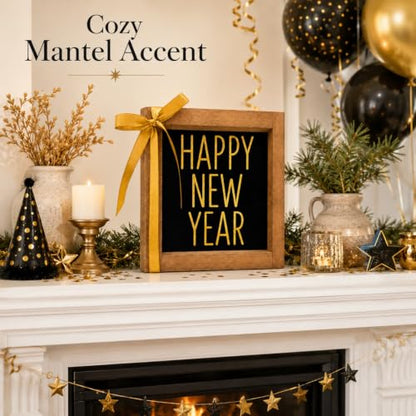 Happy New Year Sign Wall Table Tiered Tray Shelf Home Decor - color: black and gold