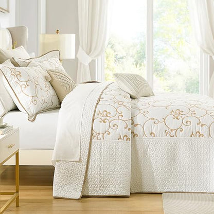 100% Cotton Oversized Bedspread Quilt Coverlet Set, 128"x120" Extra Large Cal King Bedspreads with Pillow Shams, Lightweight Embroidered Bedding Cover 3 Piece, Beige/White - color: Beige/White, size: Extra Wide Super King(128"x120")