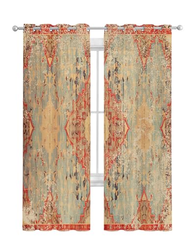 Geometric Boho Sheer Curtains 96 Inch Length 2 Panels Set, Grommet Kitchen Curtains Sheer Window Curtain for Living Room Bedroom Light & Airy Privacy Drapes Rustic Bohemian Floral Tribal Orange - size: 52"W x 96"L (Pack of 1)