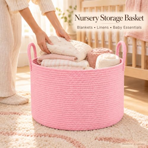 Large Blanket Basket Pink, Round Soft Woven Rope Basket - color: Pink, size: Extra Large