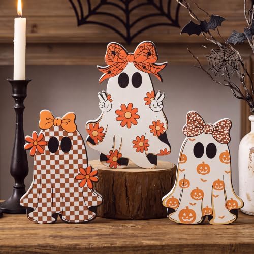 Gerrii 3 Pcs Cute Ghost Halloween Table Decorations Indoor, Floral Pumpkin Checkered Ghost with Bow Wooden Block Signs, Halloween Tiered Tray Decor Tabletop Centerpieces for Holiday Party Home Office - style: Pumpkin, Checkered