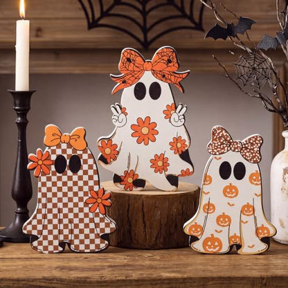 Gerrii 3 Pcs Cute Ghost Halloween Table Decorations Indoor, Floral Pumpkin Checkered Ghost with Bow Wooden Block Signs, Halloween Tiered Tray Decor Tabletop Centerpieces for Holiday Party Home Office - style: Pumpkin, Checkered