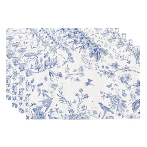 QIYI Boho Table Placemats Set of 4, 12"x18" Linen Place Mats, Blue Garden - color: Blue Garden, size: Set of 4