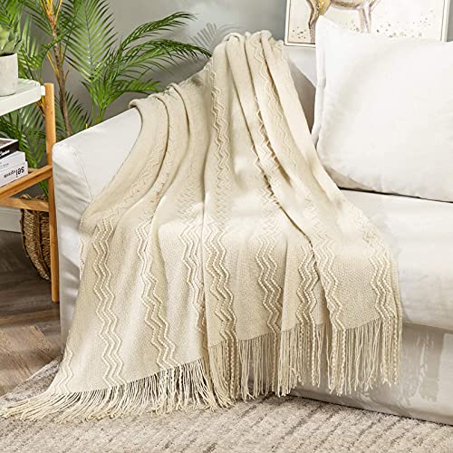 MIULEE Beige Knitted Boho Throw Blanket for Couch 50"x60" - color: Beige, size: 50" x 60"