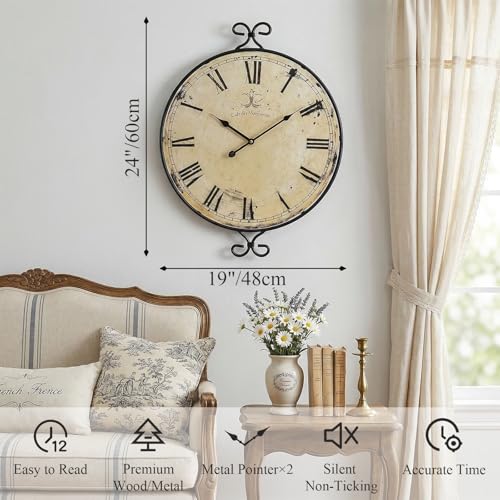 24 Inch Large Farmhouse Wall Clock, Wrought Iron Frame with Retro Gold Finish, Silent Battery Operated Wall Clocks for Living Room, Kitchen, Home Decor - color: Retro Gold Wall Clock-24'', size: 24 Inch