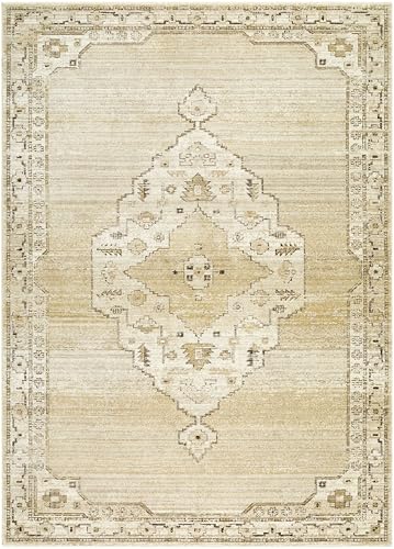 Hauteloom Sinclair Oriental Medallion Area Rug - Vintage Faded Look Traditional Floral Carpet for Living Room, Bedroom, Dining Room - Farmhouse - Beige, Tan, Ivory - 5' x 7'5" - color: Light Gray, Off - White, Dark Brown / Havard, size: 4'11" x 7'5" (Rect
