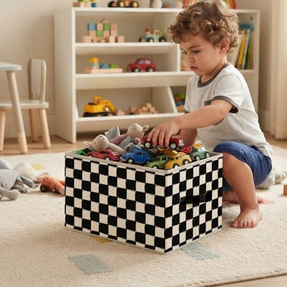 Black and White Checkered Storage Basket Organizer - color: Black and White