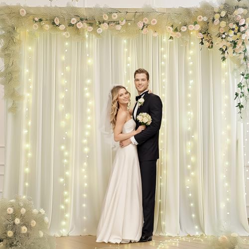10 x 10ft Ivory Backdrop Curtains with Lights String for Party - color: Ivory, size: W5' x H10'(2 panels)