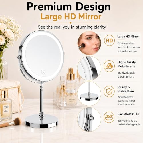 DEIOVWXS Makeup Mirror, Rechargeable Vanity Mirror with 3 Lights, 1X/10X - color: Chrome