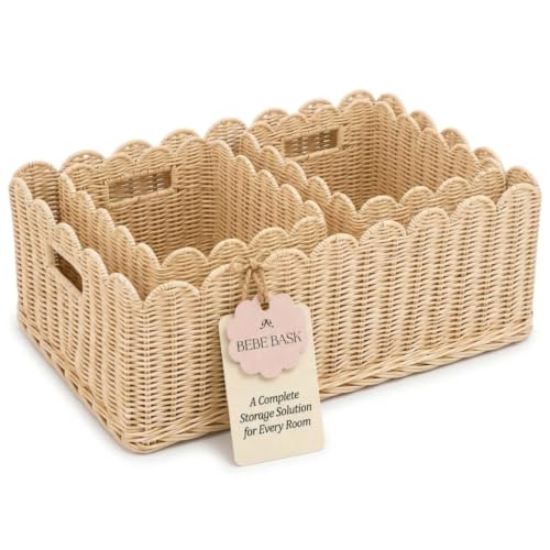 BEBE BASK Handwoven Scalloped Wicker Basket Set of 3 (17 × 13 × 7 in) - color: Natural