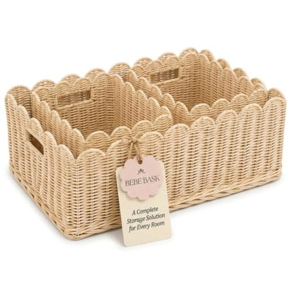BEBE BASK Handwoven Scalloped Wicker Basket Set of 3 (17 × 13 × 7 in) - color: Natural