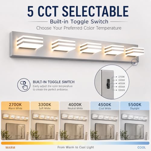Yumecrelect 5-Light Brushed Nickel Vanity Light Fixture, 34 Inch 40W 5CCT Dimmable LED Bathroom Wall Light with Clear Acrylic Shade, Hardwired Over Mirror Lighting for Master Bath - color: Brushed Nickel-5 Color Temperature, size: 5-Light, 34-Inch