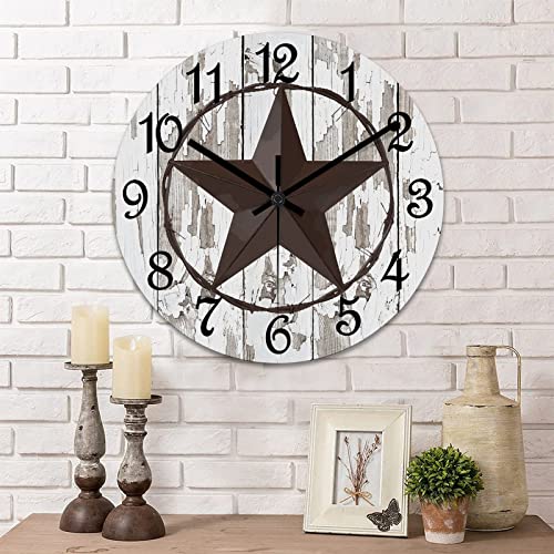 Round Farmhouse Wall Clock Western Texas Star Classic Style Wood Clock Quiet Non-Ticking Battery Operated with Large Numbers Rustic Wall Art Time Clock for Living Room Patio School 15 Inch - color: Style-1, size: 15in