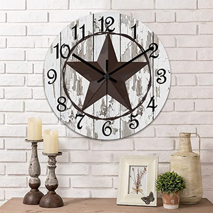 Round Farmhouse Wall Clock Western Texas Star Classic Style Wood Clock Quiet Non-Ticking Battery Operated with Large Numbers Rustic Wall Art Time Clock for Living Room Patio School 15 Inch - color: Style-1, size: 15in