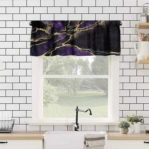 Purple Marble Window Valance, Abstract Modern Luxury Gold Black Cracked Lines Print Blackout Short Curtain Treatment for Home Kitchen Bedroom Living Room Cafe, 54x18inch - color: Marble-23